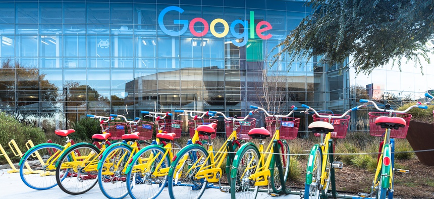 Shared bicycles outside a building on Google's main campus in Mountain View, California.