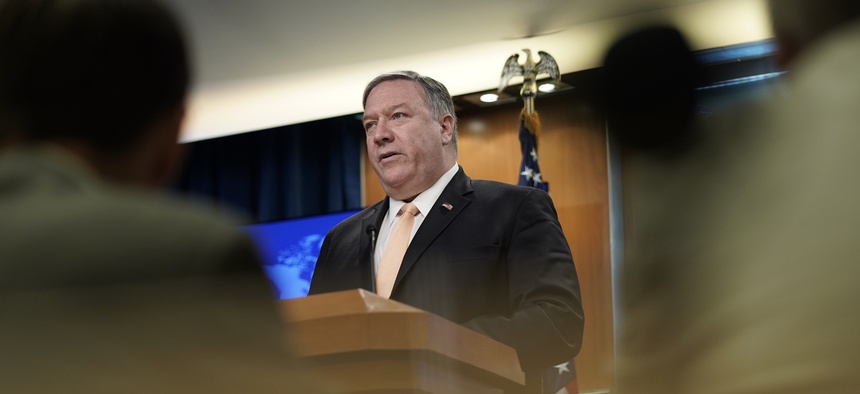 Secretary of State Mike Pompeo speaks during a news conference on Monday, April 22, 2019, at the Department of State in Washington.
