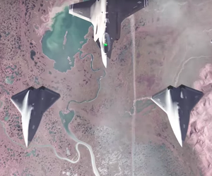 A still from an Air Force Research Lab video depicting the Loyal Wingman program, an F-35 surrounded by intelligent air combat drones. A still from an Air Force Research Lab video depicting the Loyal Wingman program, an F-35 surrounded by intelligent air combat drones.