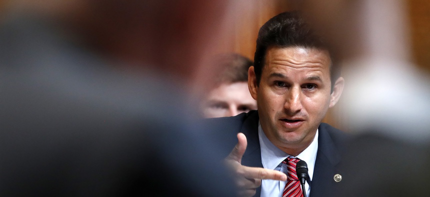 In this photo from May 9, 2018, Sen. Brian Schatz, D-Hawaii, puts a question to then-Defense Secretary Jim Mattis during a Senate Appropriations subcommittee hearing on the FY19 budget on Capitol Hill in Washington.