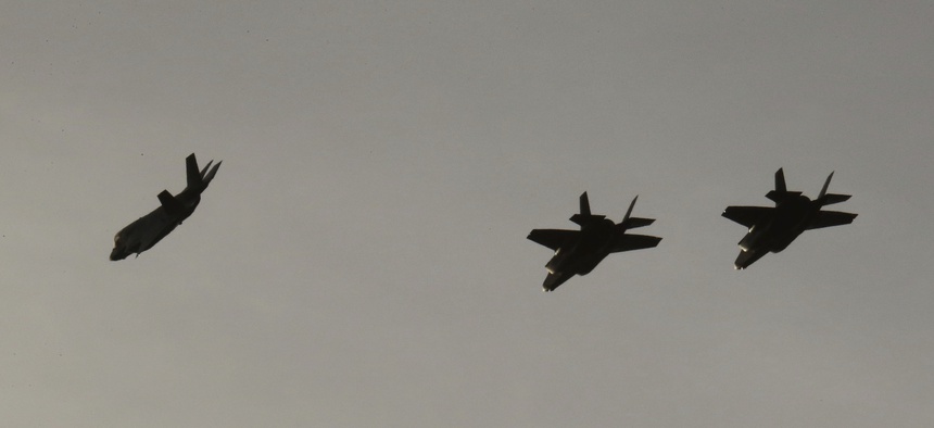 UK Royal Navy F-35B aircraft fly over the Akrotiri Royal air forces base before landing, near coastal city of Limassol, Cyprus, Tuesday, May 21, 2019.