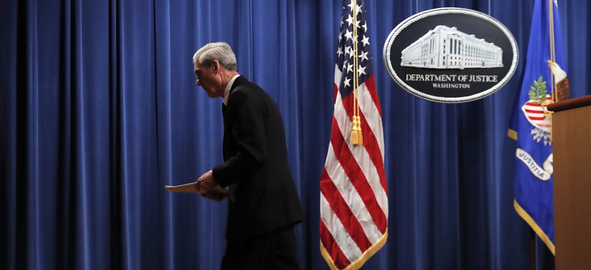 Special counsel Robert Mueller walks from the podium after speaking at the Department of Justice Wednesday, May 29, 2019, in Washington, about the Russia investigation.