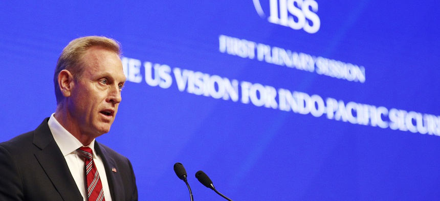 Acting U.S. Secretary of Defense Patrick Shanahan delivers his speech entitled "The U.S. Vision for Indo-Pacific Security" at the 2019 IISS Shangri-la Dialogue in Singapore on June 1, 2019.