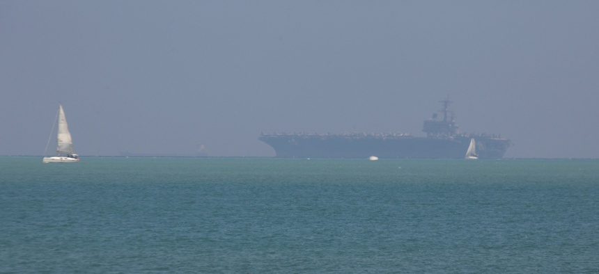 The United States' Navy USS George H.W. Bush aircraft carrier docks in the Mediterranean Sea off the coast of Haifa, Israel, Saturday, July 1, 2017.