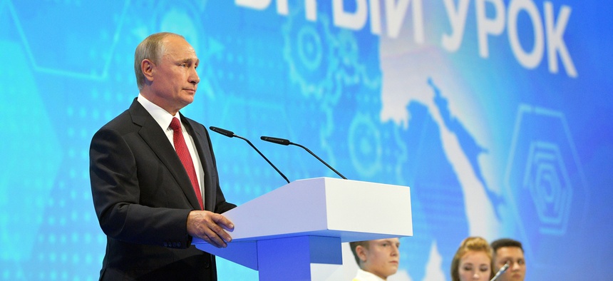 Putin speaks at a meeting with students in Yaroslavl, Russia, Friday, Sept. 1, 2017.