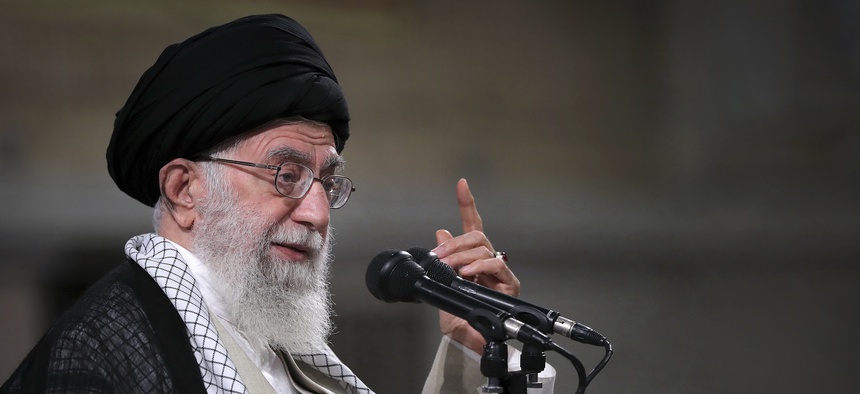 In this photo released on Wednesday, May 22, 2019 by the official website of the office of the Iranian supreme leader, Supreme Leader Ayatollah Ali Khamenei speaks to a group of students in Tehran, Iran.