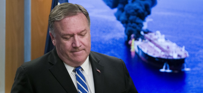 Secretary of State Mike Pompeo walks away after speaking during a media availability at the State Department, Thursday, June 13, 2019, in Washington.