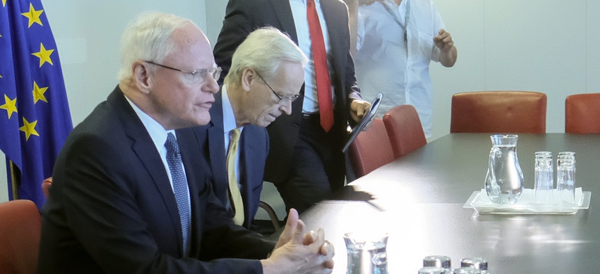 Special Representative for Syria and for the Coalition to Defeat Islamic State militants Jim Jeffrey, second left, meets with EU foreign policy chief Federica Mogherini at EEAS headquarters in Brussels, Friday, June 28, 2019.