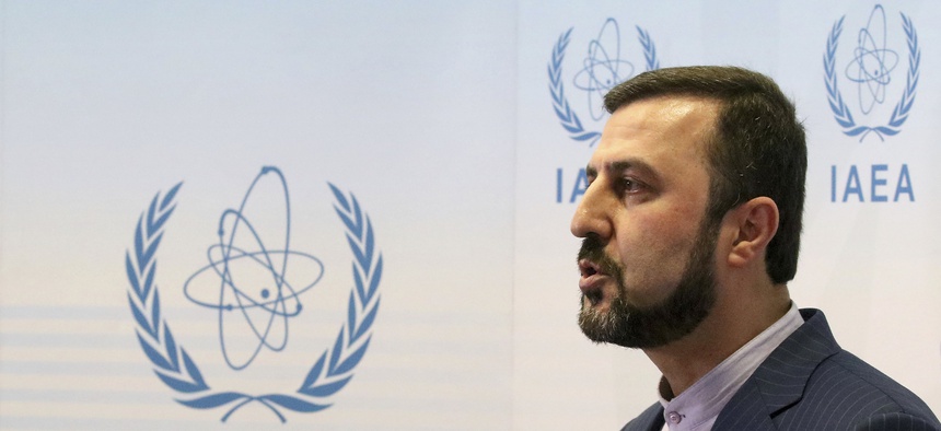 Iran's Ambassador to the International Atomic Energy Agency, IAEA, Gharib Abadi speaks to the media after the IAEA board of governors meeting at the International Center in Vienna, Austria, Wednesday, July 10, 2019.