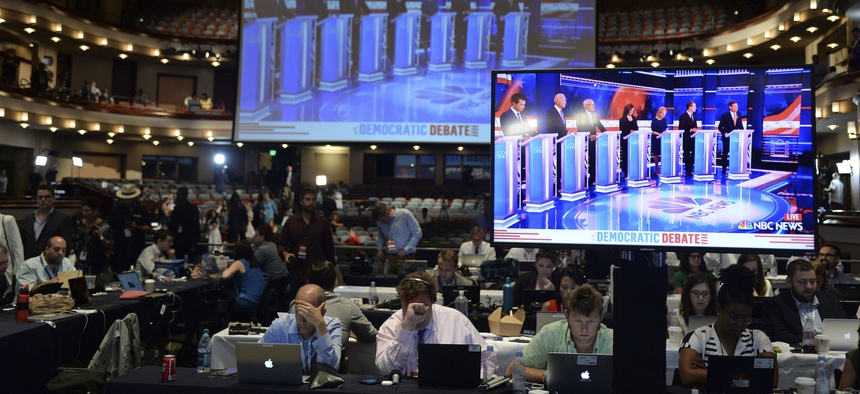 Atmosphere in the spin room following the 2020 Democratic Party presidential debates held at The Adrienne Arsht Center on June 27, 2019 in Miami Florida.