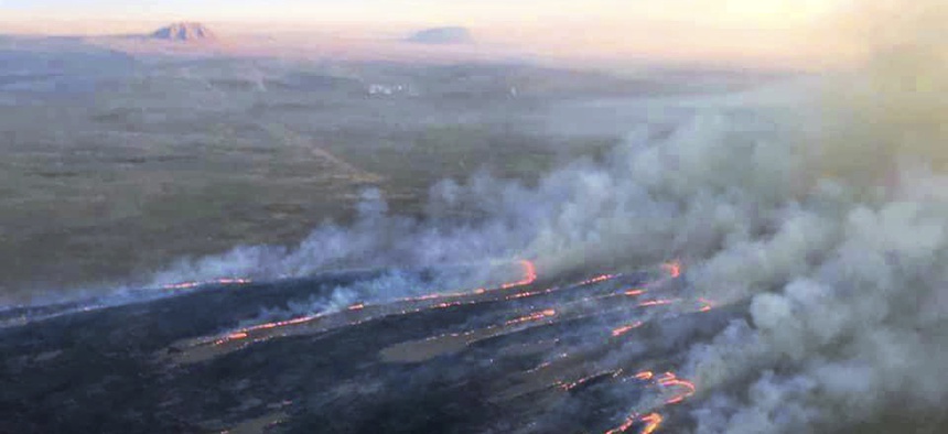 Wildfires burn in Idaho on July 24, 2019, on Idaho National Laboratory grounds. The fires were approaching buildings that contain nuclear fuel and other radioactive material until a wind change.