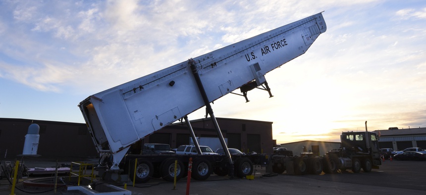 The transporter erector is raised during an annual proofload test at Minot Air Force Base, North Dakota, April 2, 2019. A transporter erector is used to downstage a Minuteman III intercontinental ballistic missile rocket engine into silos.