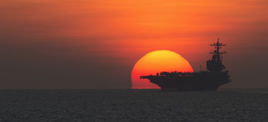 The aircraft carrier USS George H.W. Bush (CVN 77) transits the Gulf of Aden.
