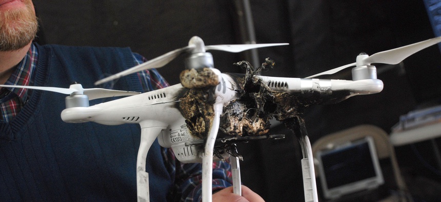 A drone damaged by a laser during a 2017 test by U.S. Army’s Space and Missile Defense Command and Army Forces Strategic Command Technical Center.