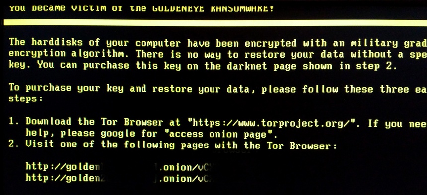 A screen shot of a computer infected with the Goldeneye malware in 2016.