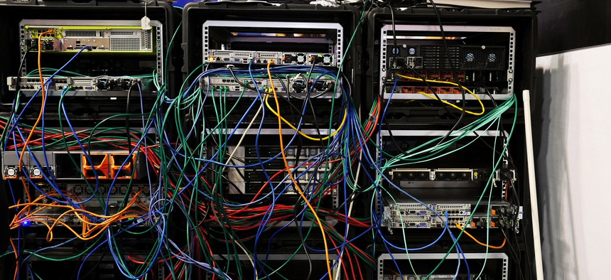 Servers and computers are deployed at the Cybersecurity Conference in Lille, northern France, Wednesday Jan. 25, 2017.