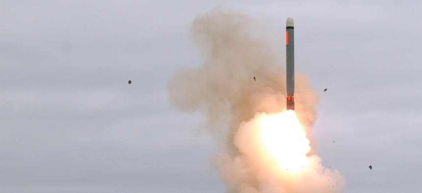 A ground-launched cruise missile lifts off for a test flight at 2:30 p.m. on Aug. 18, at San Nicolas Island, Calif., a U.S. Navy test facility.