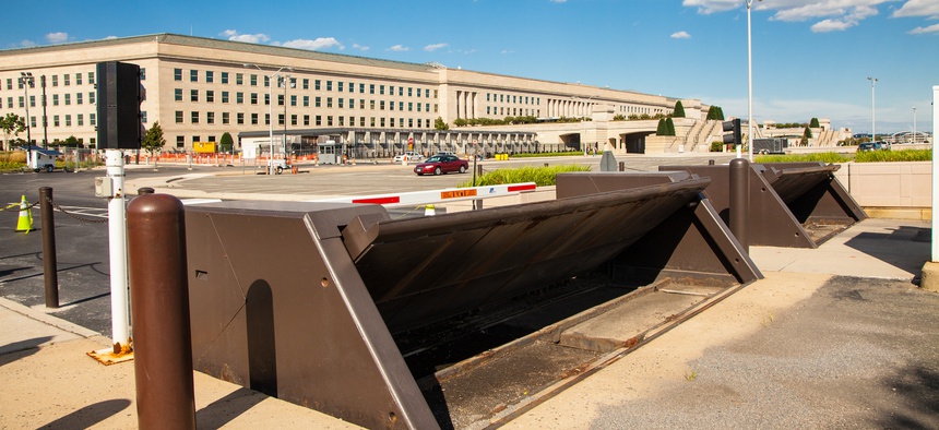 Roadblocks in the Pentagon parking lot.