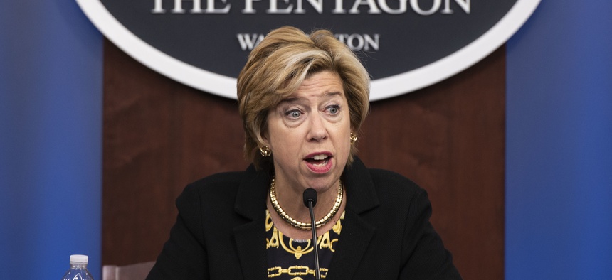 Undersecretary of Defense for Acquisition and Sustainment Ellen M. Lord holds a press briefing on Aug. 26.