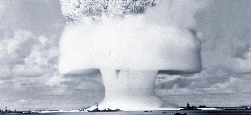 Operation Crossroads, “Baker Day” Underwater Atomic Bomb Test, Bikini Atoll, July 25, 1946. Frame 2 of a series of ground level views, taken about one-and-a-half seconds after detonation.