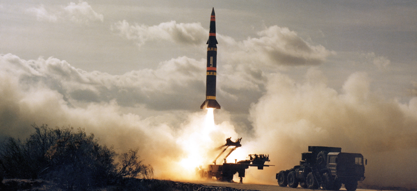 A Pershing missile lifts off a New Mexico test range in 1982.