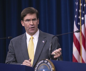 Secretary of Defense Mark Esper and Joint Chiefs Chairman Gen. Joseph Dunford speak to reporters during a briefing at the Pentagon, Wednesday, Aug. 28, 2019. Secretary of Defense Mark Esper and Joint Chiefs Chairman Gen. Joseph Dunford speak to reporters during a briefing at the Pentagon, Wednesday, Aug. 28, 2019.