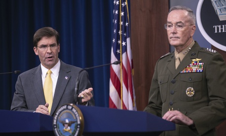 Secretary of Defense Mark Esper and Joint Chiefs Chairman Gen. Joseph Dunford speak to reporters during a briefing at the Pentagon, Wednesday, Aug. 28, 2019. Secretary of Defense Mark Esper and Joint Chiefs Chairman Gen. Joseph Dunford speak to reporters during a briefing at the Pentagon, Wednesday, Aug. 28, 2019.