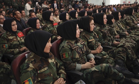 Afghan army soldiers listen to a speech by President Ashraf Ghani during a ceremony to introduce the new chief of the intelligence service, in Kabul, Afghanistan, Monday, Sept. 9, 2019. Afghan army soldiers listen to a speech by President Ashraf Ghani during a ceremony to introduce the new chief of the intelligence service, in Kabul, Afghanistan, Monday, Sept. 9, 2019.