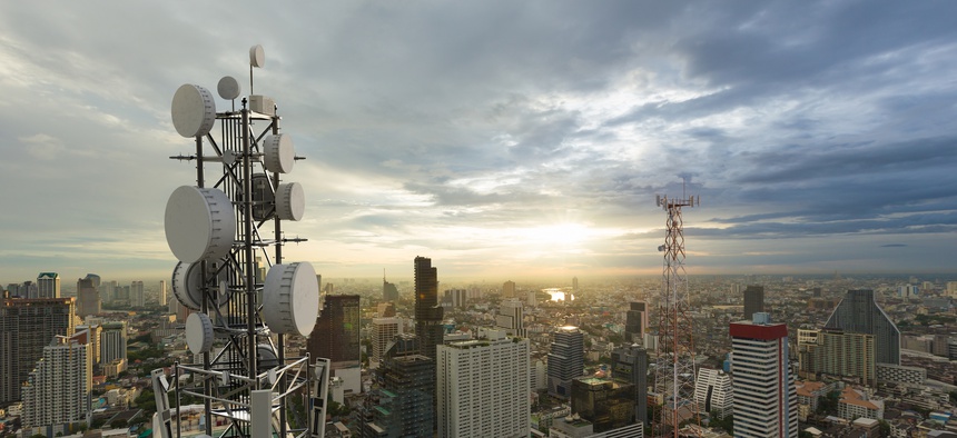 Telecommunication tower with 5G cellular network antenna