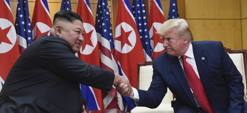 President Donald Trump meets with North Korean leader Kim Jong Un at the border village of Panmunjom in the Demilitarized Zone, South Korea, Sunday, June 30, 2019.