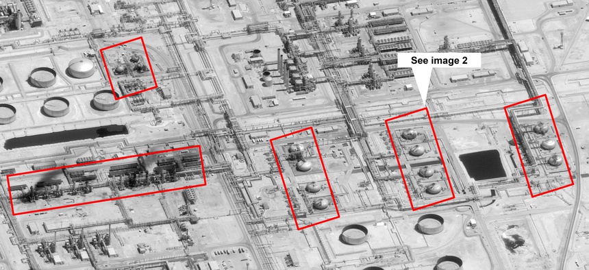 This image provided on Sunday, Sept. 15, 2019, by the U.S. government and DigitalGlobe and annotated by the source, shows damage to the infrastructure at Saudi Aramco's Abaqaiq oil processing facility in Buqyaq, Saudi Arabia.