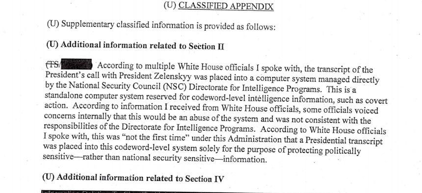 Screenshot of the August 12, 2019, whistleblower memo about alleged attempts by President Trump to solicit information from foreign powers to sway US elections.