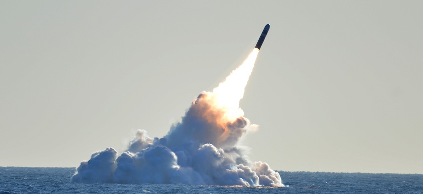An unarmed Trident II D5 missile launches from the Ohio-class ballistic missile submarine USS Nebraska (SSBN 739) off the coast of California in a 2008 test.