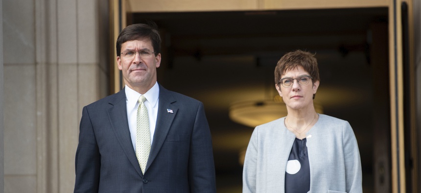 U.S. Secretary of Defense Dr. Mark T. Esper hosts German Minister of Defense Annegret Kramp-Karrenbauer for an honor cordon and bilateral meeting, at the Pentagon, Washington, D.C., Sept. 23, 2019.