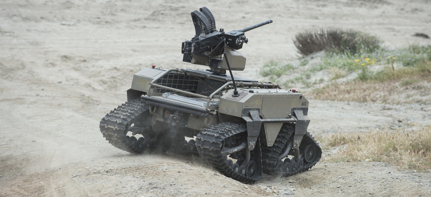 ENDLETON, Calif. (Apr. 25, 2017) A unmanned vehicle, part of the Multi-Utility Tactical Transport (MUTT) family of systems, operates on Red Beach during the Ship-to-Shore Maneuver Exploration and Experimentation (S2ME2) Advanced Naval Technology Exercise