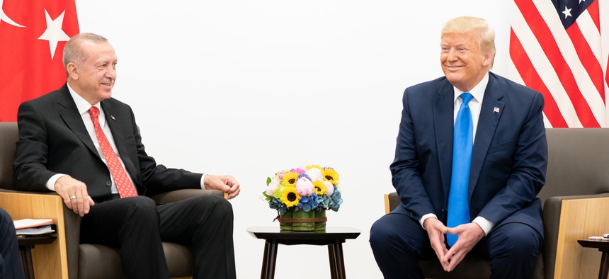 President Donald J. Trump participates in a bilateral meeting with President of the Republic of Turkey Recep Tayyip Erdogan at the G20 Japan Summit Saturday, June 29, 2019, in Osaka, Japan.