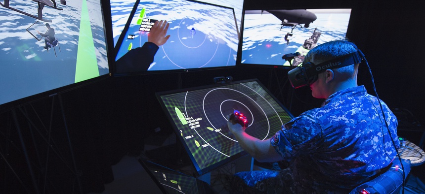 A 2015 photo at the Office of Naval Research (ONR)-sponsored Battlespace Exploitation of Mixed Reality (BEMR) Lab located at Space and Naval Warfare Systems Center Pacific.