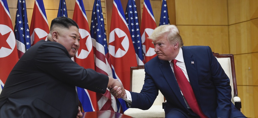 President Donald Trump meets with North Korean leader Kim Jong Un at the border village of Panmunjom in the Demilitarized Zone, South Korea, Sunday, June 30, 2019.