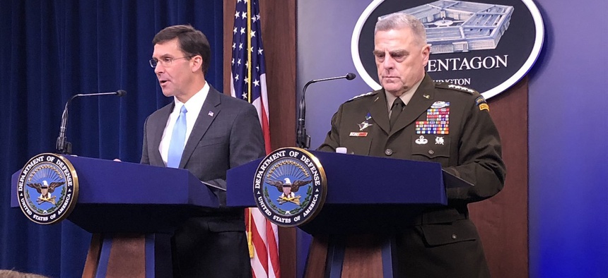 Defense Secretary Esper and Gen. Mike Milley address the press at the Pentagon briefing room on Fri., Oct. 11, 2019.