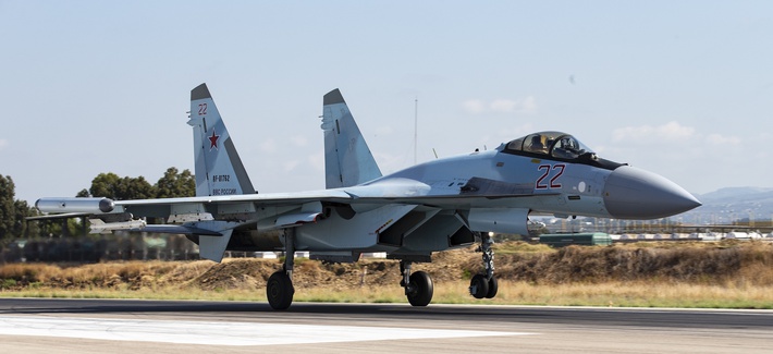 A Russian Su-35 fighter jet takes off at Hemeimeem air base in Syria, Thursday, Sept. 26, 2019.