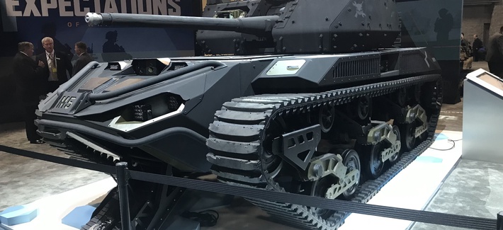 Ripsaw, a 10-ton, 20-foot electrically-powered treaded minitank, on display at AUSA