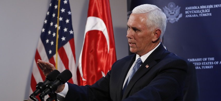Vice President Mike Pence speaks at the U.S. ambassador's residence during a news conference after meeting with Turkish President Recep Tayyip Erdogan, Thursday, Oct. 17, 2019, in Ankara, Turkey. Pence says the U.S. and Turkey have agreed to a cease-fire.