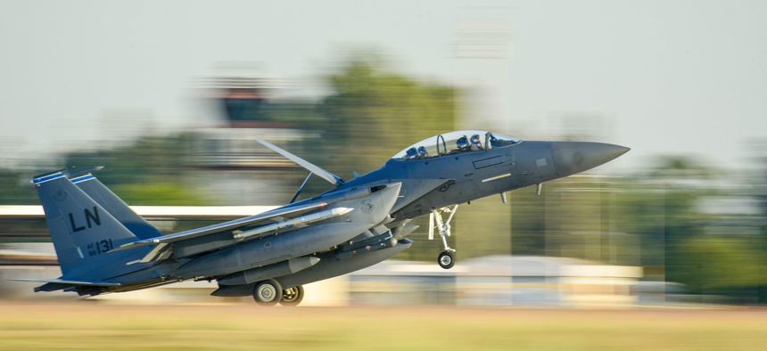 An F-15E Strike Eagle from the 48th Fighter Wing at Royal Air Force Lakenheath, England, lands at Incirlik Air Base, Turkey, Nov. 12, 2015.