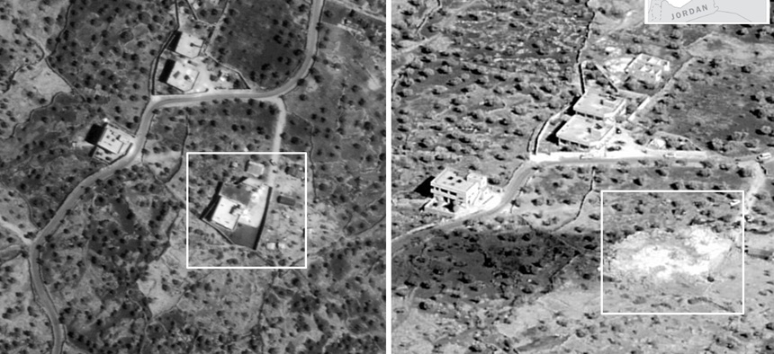 A side-by-side comparison of the compound before and after the raid. No collateral damage to adjacent structures Oct. 26, 2019.