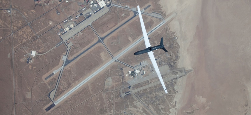 A Global Hawk flies over Edwards Air Force Base.