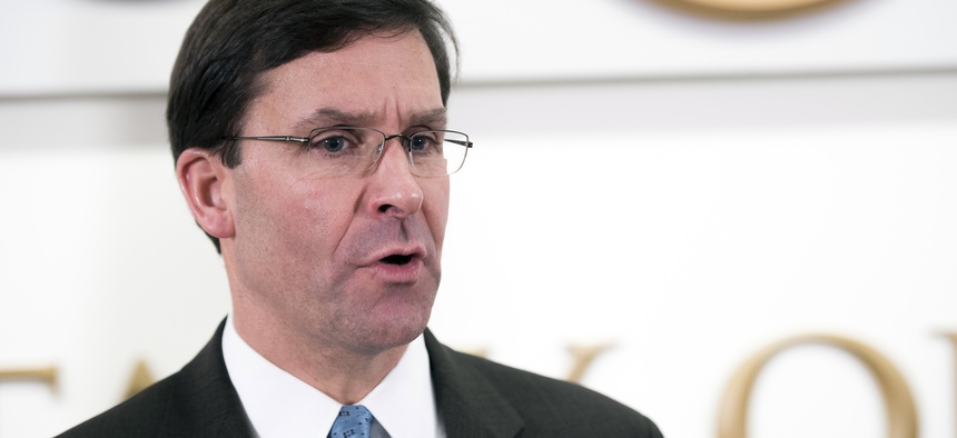 Defense Secretary Mark Esper talks to the media with Qatar Deputy Prime Minister and Minister of Defense Khalid Al Attiyah at the Pentagon in Washington, Wednesday, Nov. 6, 2019.