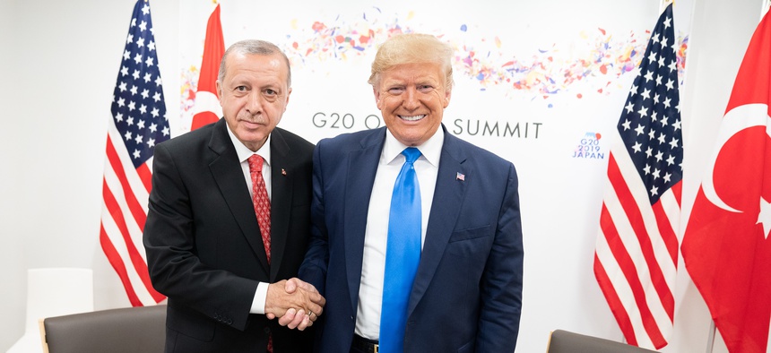 President Donald J. Trump participates in a bilateral meeting with President of the Republic of Turkey Recep Tayyip Erdogan at the G20 Japan Summit Saturday, June 29, 2019, in Osaka, Japan.