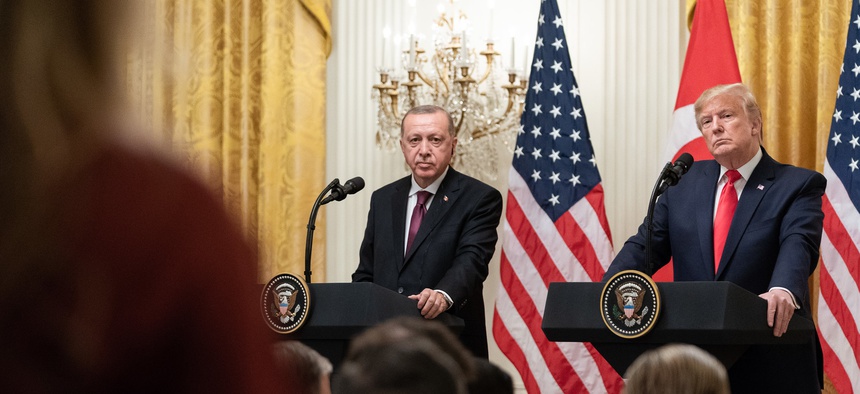 President Donald Trump in a joint press conference with Turkish President Recep Erdogan Wed., Nov. 13, 2019, in the East Room of the White House.