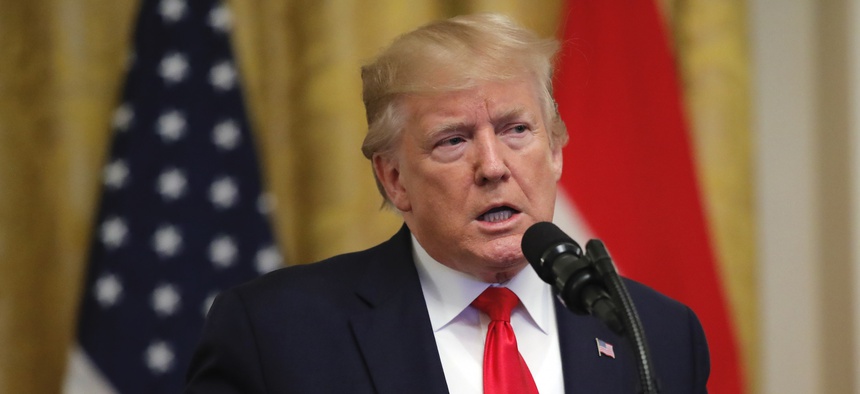 President Donald Trump speaks during a ceremony where Dutch Prime Minister Mark Rutte will present a 48-star flag flown on a U.S. Naval vessel during the D-Day invasion, in the East Room of the White House, Thursday, July 18, 2019.
