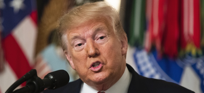 In this Oct. 27, 2019 photo, President Donald Trump speaks in the Diplomatic Room of the White House in Washington.